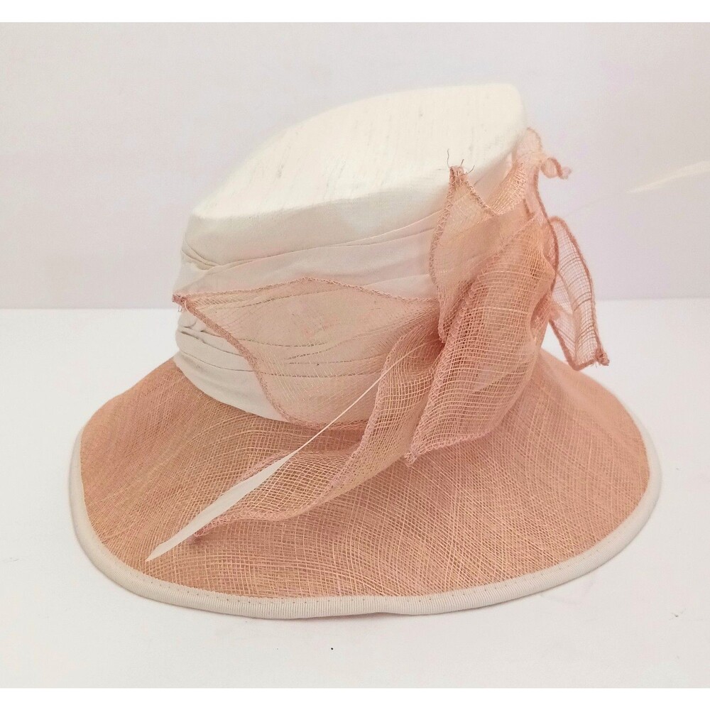 Halo Handmade in England Straw Hat Ivory Dupioni Silk Tan Mesh Bow & Brim S/M